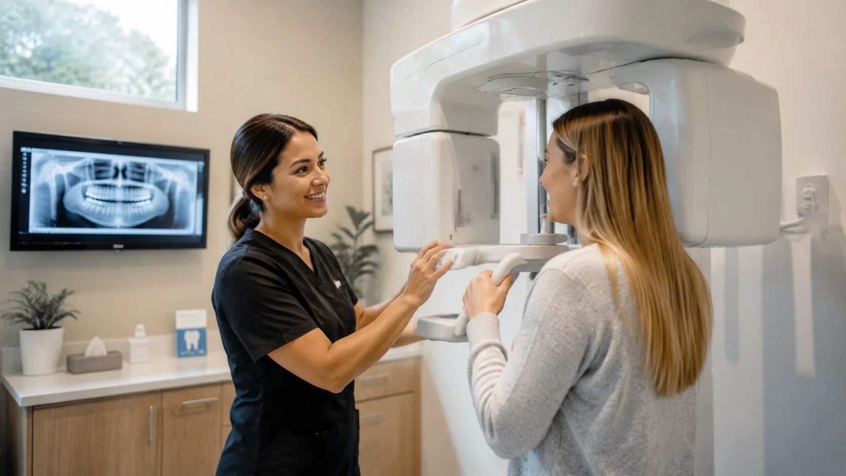 A friendly dental assistant helping a patient position her head for a panoramic digital dental X-ray scan.