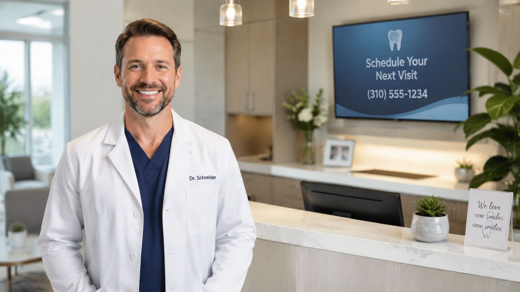 A friendly male dentist in a white lab coat standing in a modern dental office reception area.