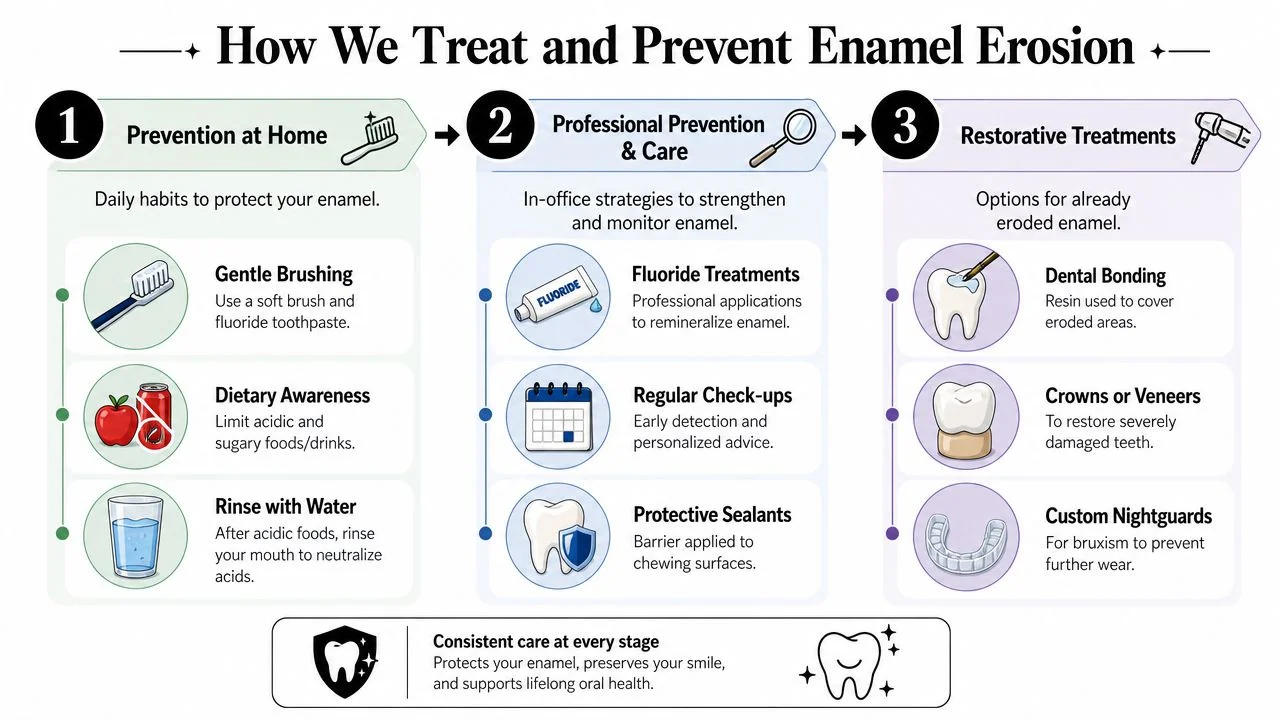 A comprehensive dental infographic illustrating methods to treat and prevent enamel erosion through home care, professional services, and restorative treatments.