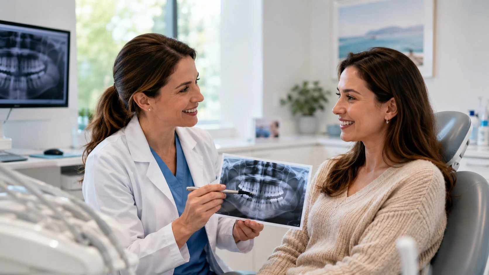 A friendly female dentist explaining dental x-ray results to a patient during a consultation in a modern office.