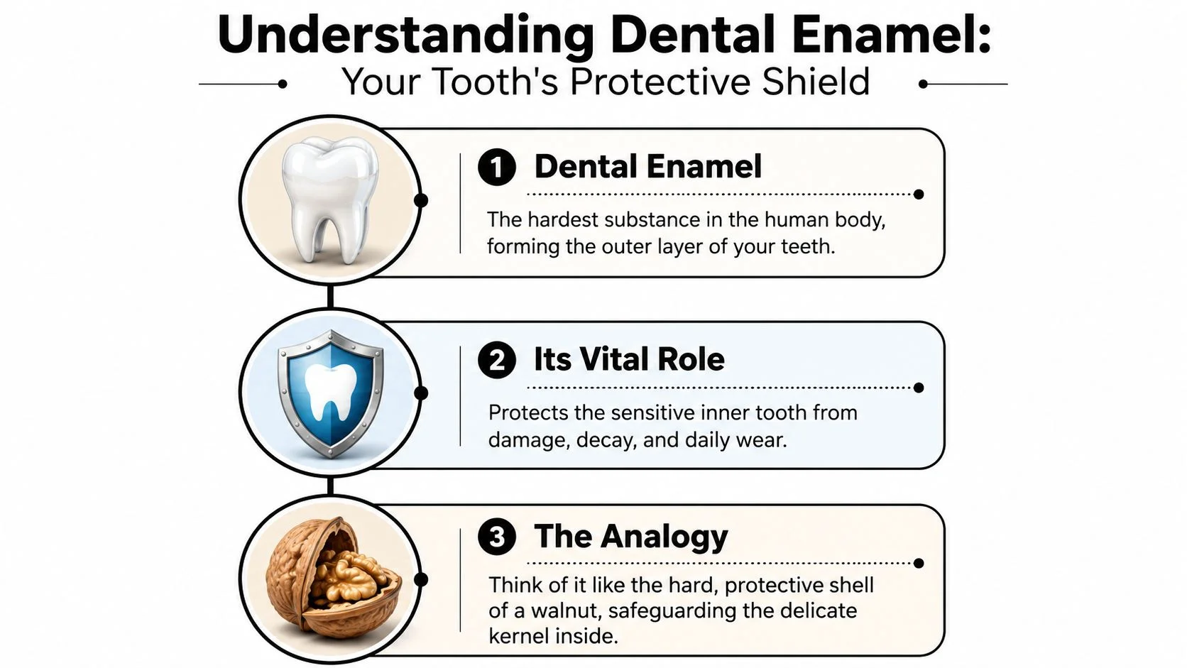 An infographic explaining dental enamel as the hard, protective outer shield for teeth, using a walnut analogy.