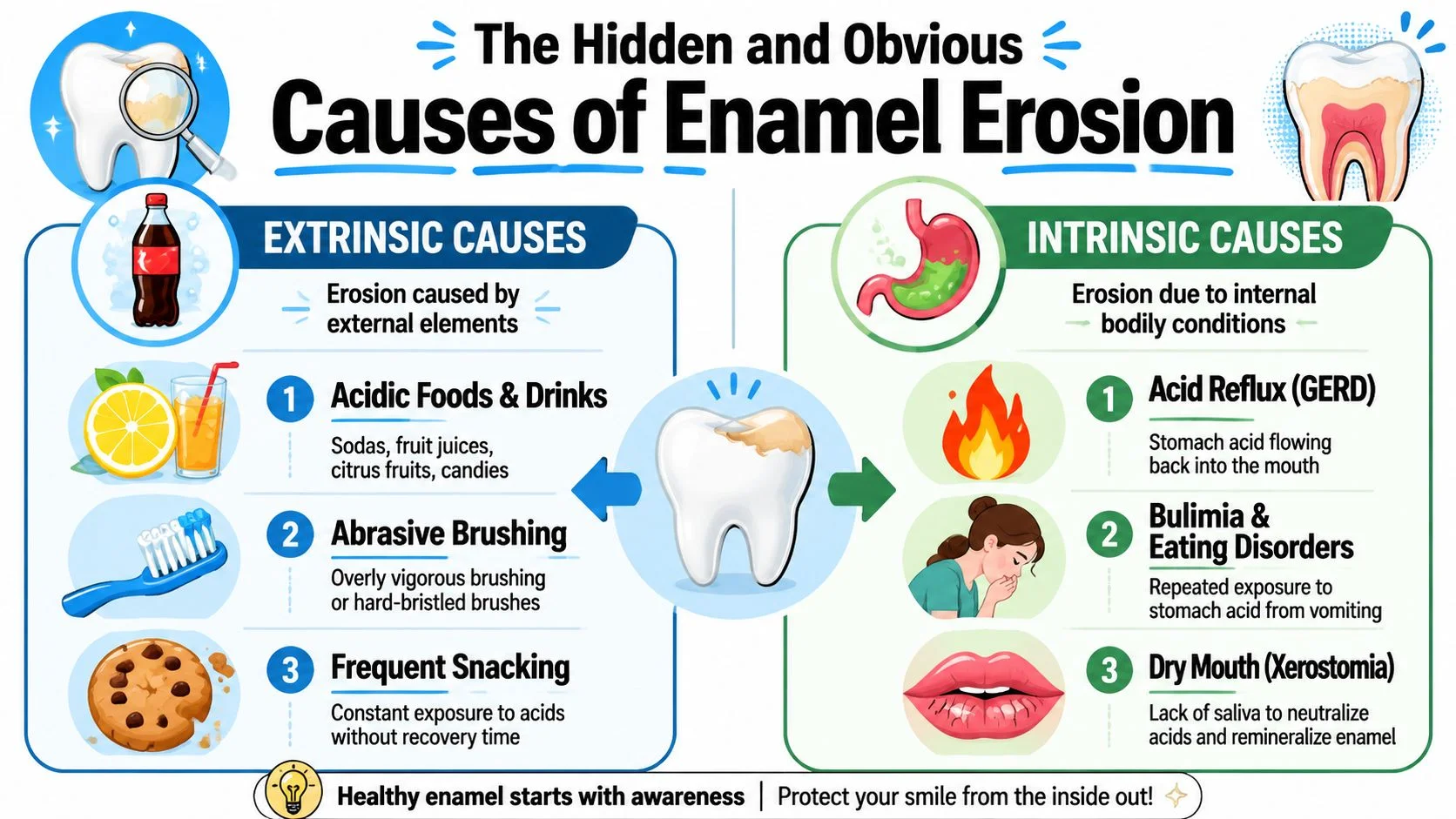 An infographic showing extrinsic and intrinsic causes of dental enamel erosion, including diet, habits, and medical conditions.