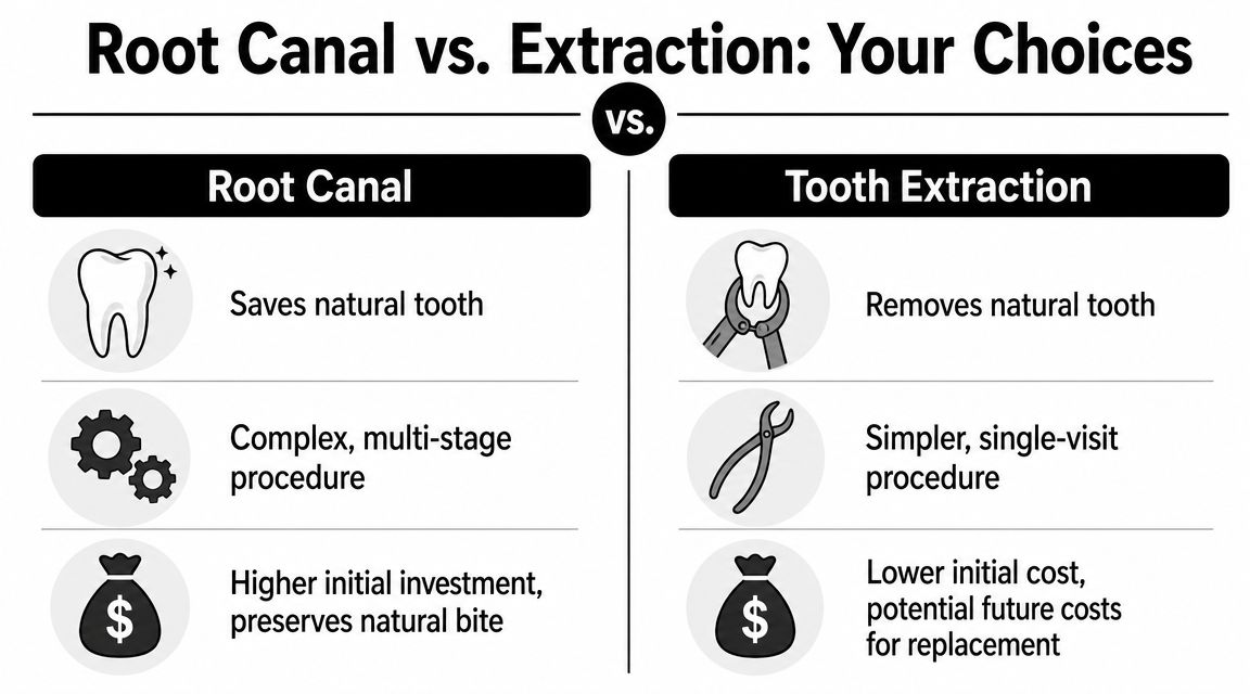 A comparison chart outlining the pros and cons of root canal procedures versus tooth extraction.