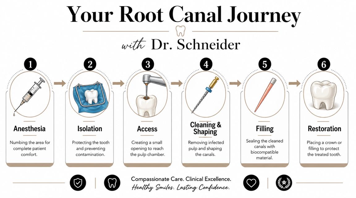 An infographic detailing the six-step root canal procedure performed by Dr. Schneider for dental patient education.