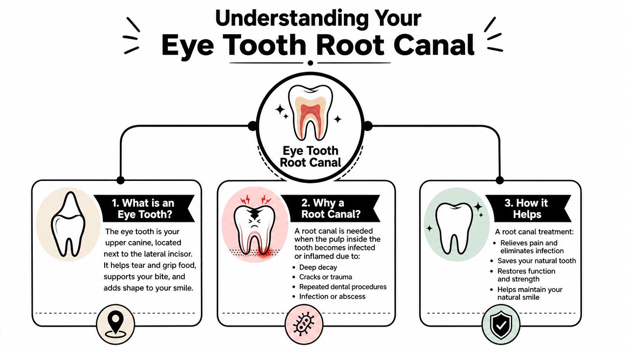 An infographic explaining what an eye tooth is, why root canal treatment is necessary, and its benefits.