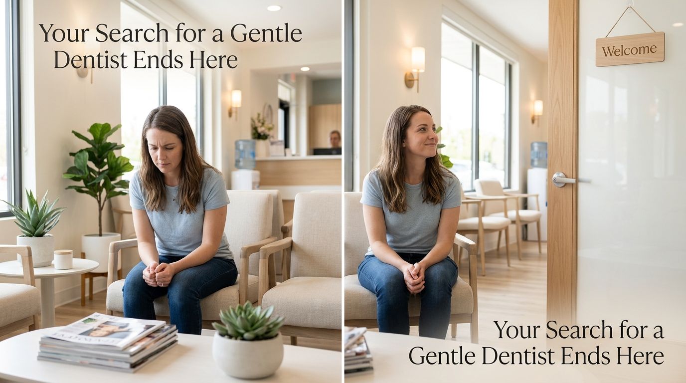 A split-screen comparison showing a patient looking nervous in a waiting room versus feeling calm and welcomed.