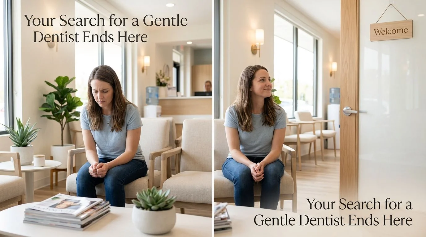 A split-screen comparison showing a patient looking nervous in a waiting room versus feeling calm and welcomed.
