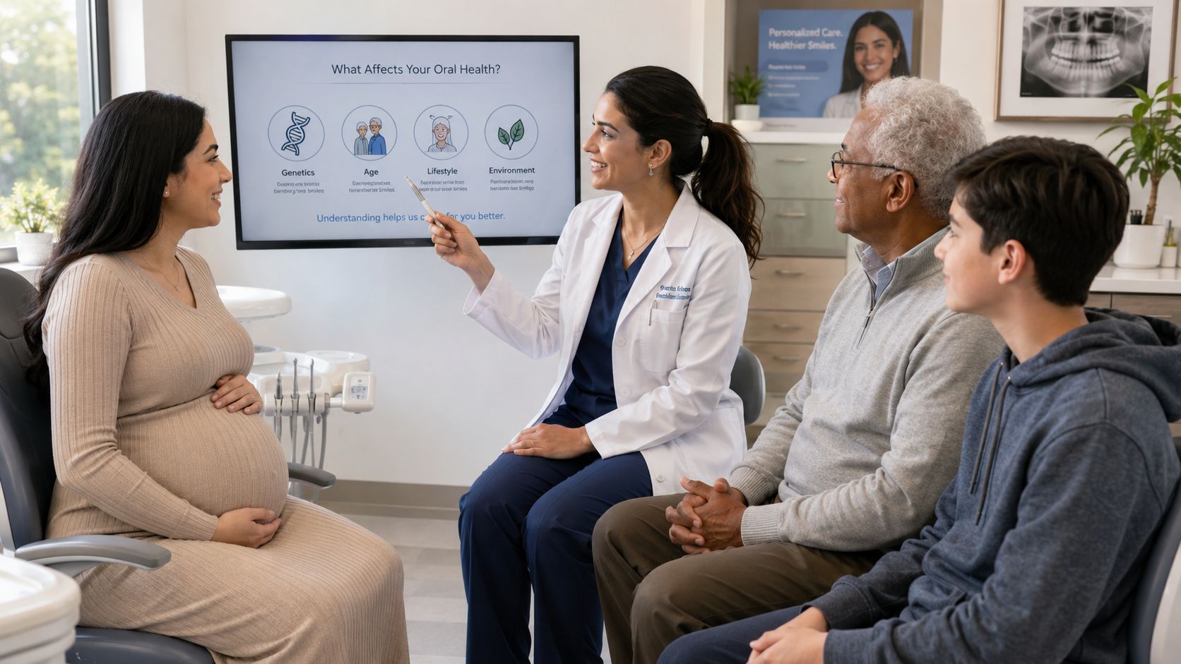 A dentist explains factors affecting oral health to a pregnant woman, an elderly man, and a teenager.