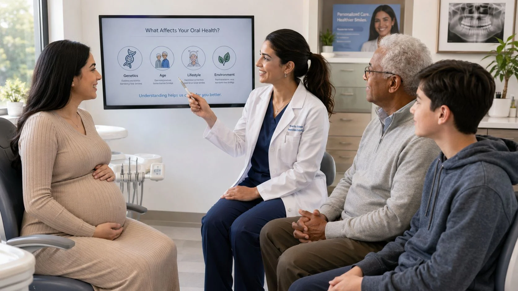 A dentist explains factors affecting oral health to a pregnant woman, an elderly man, and a teenager.