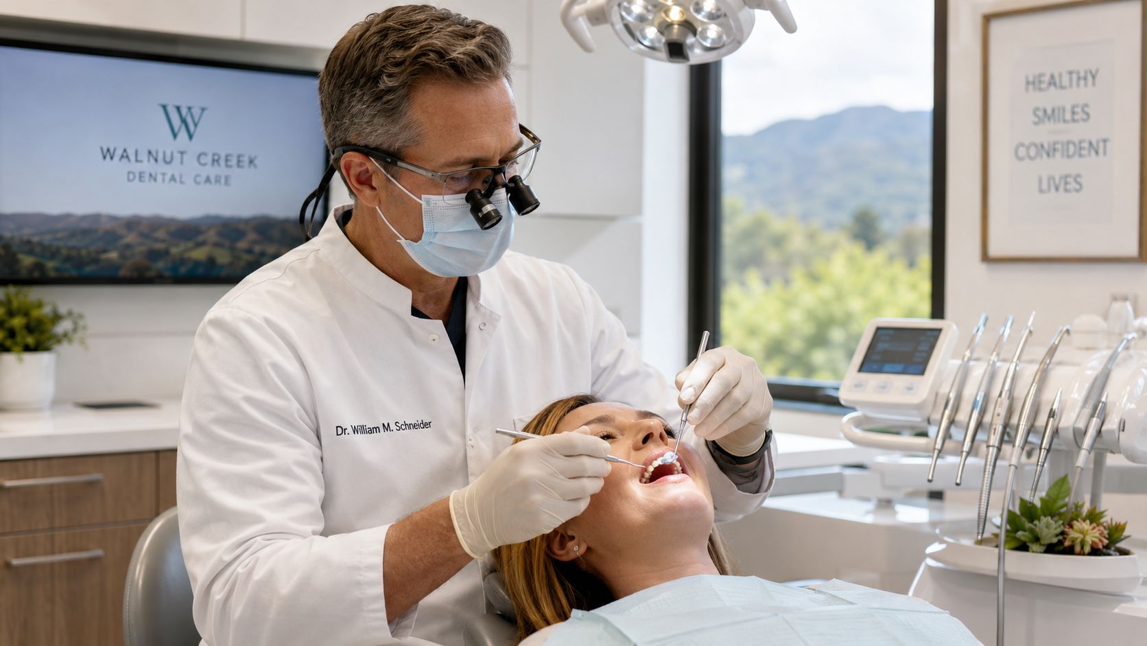 A dentist wearing magnifying loupes examines a female patient's teeth during a dental appointment in his office.