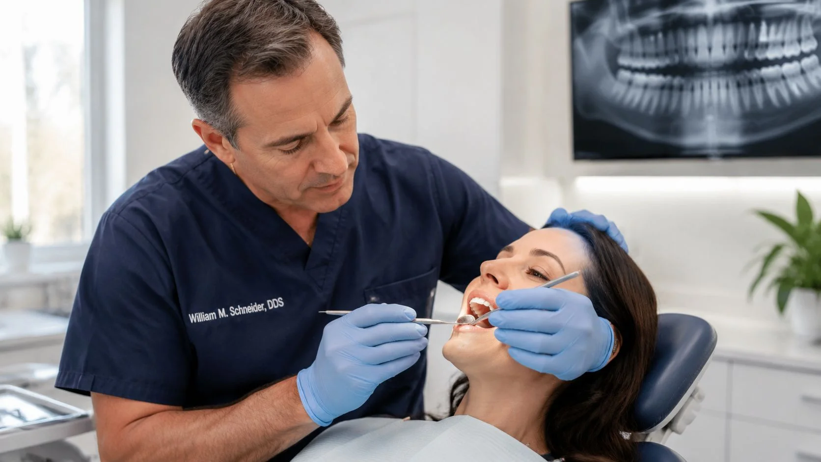 A professional dentist examining a female patient's teeth during a checkup in a bright dental office.