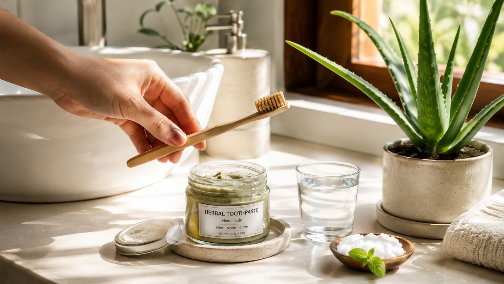A hand holding a bamboo toothbrush over a jar of homemade herbal toothpaste on a bathroom vanity.
