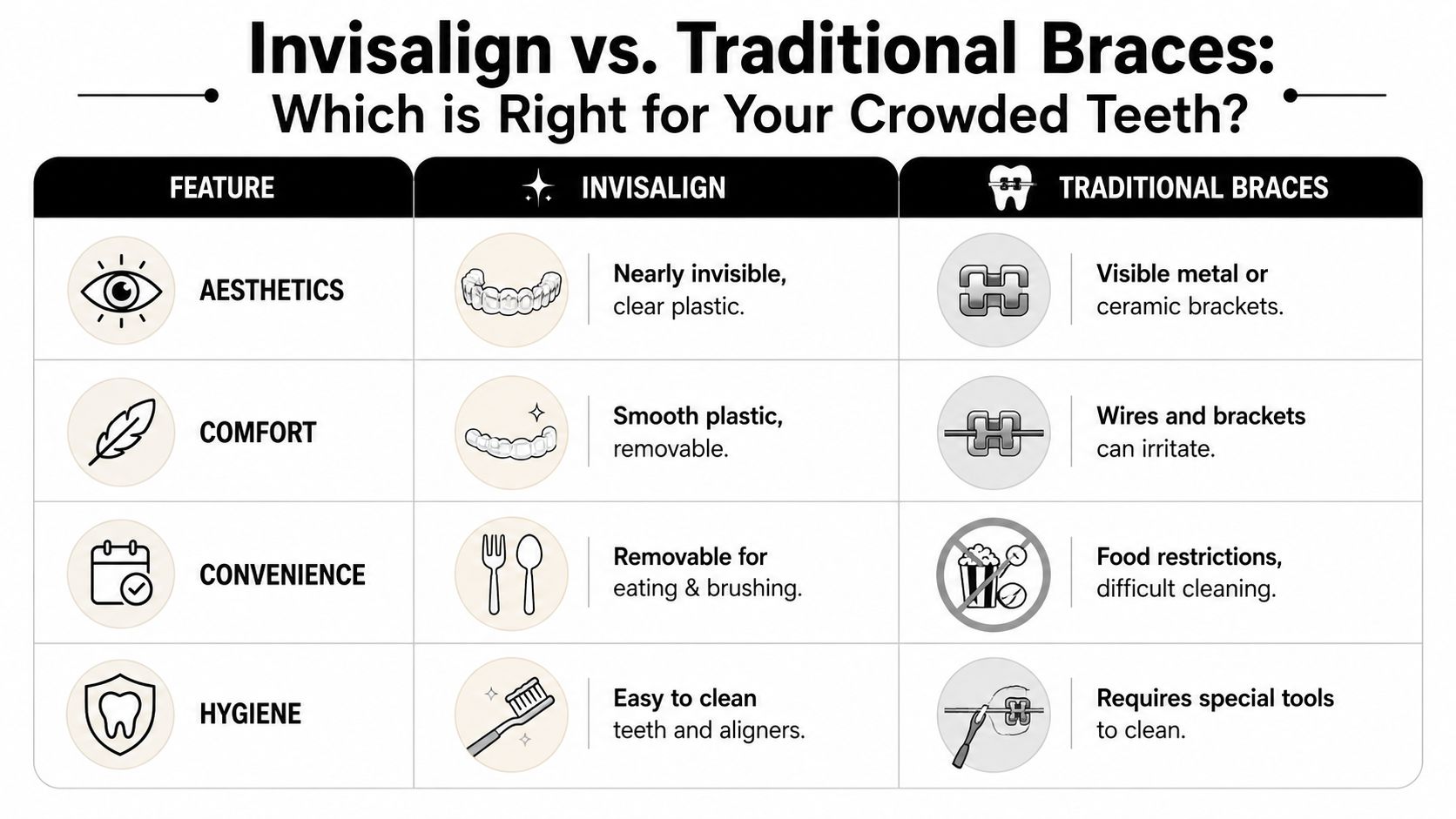A comparison chart outlining the aesthetic, comfort, convenience, and hygiene differences between Invisalign and traditional metal braces.
