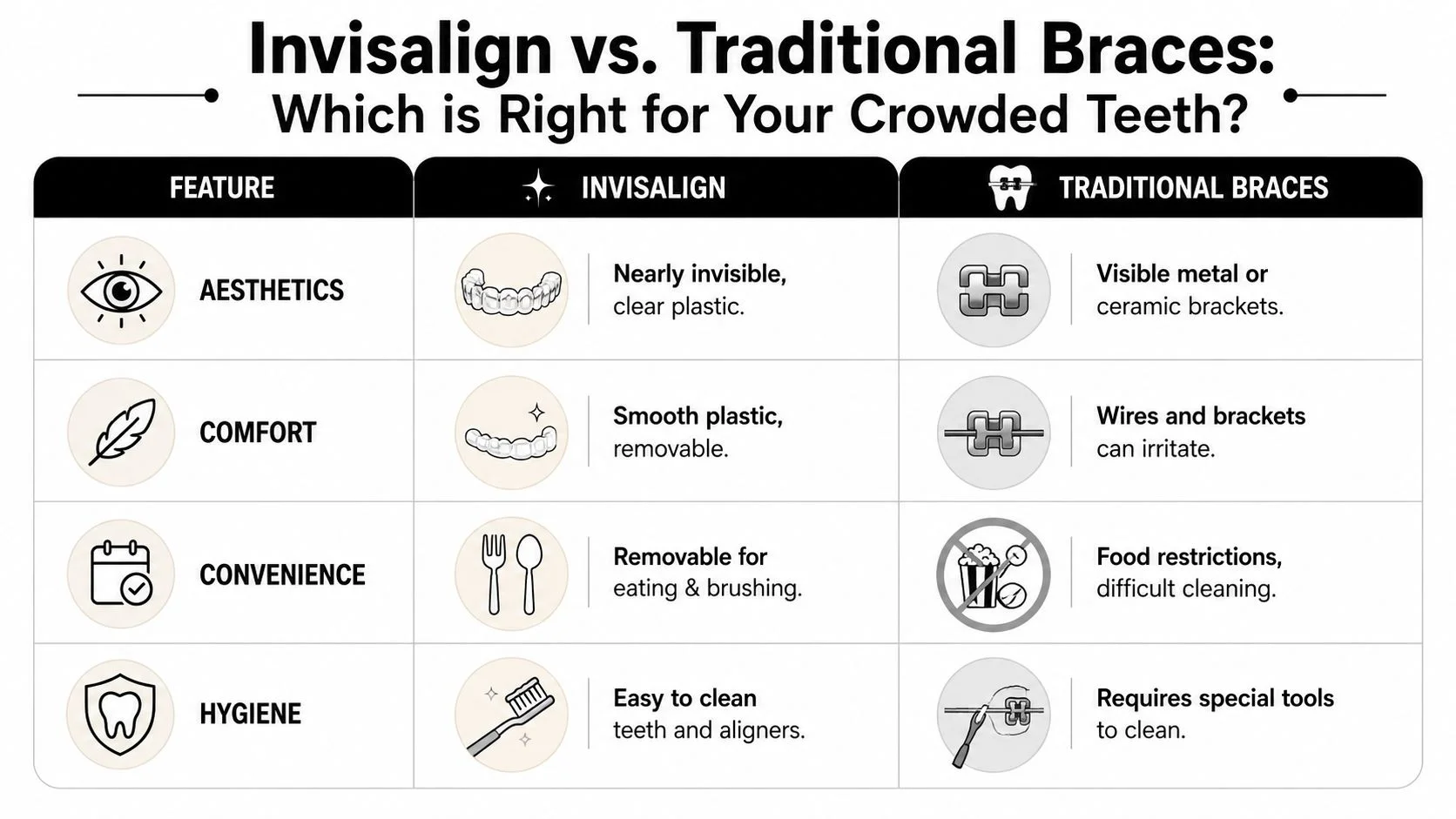 A comparison chart outlining the aesthetic, comfort, convenience, and hygiene differences between Invisalign and traditional metal braces.