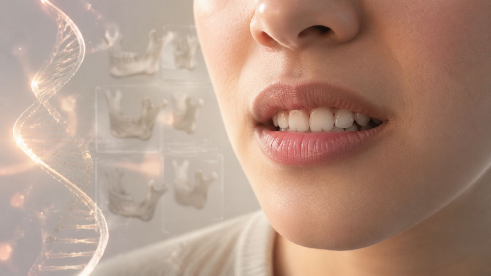 A close-up of a person's mouth with a digital DNA strand and jaw scan visualization overlay.