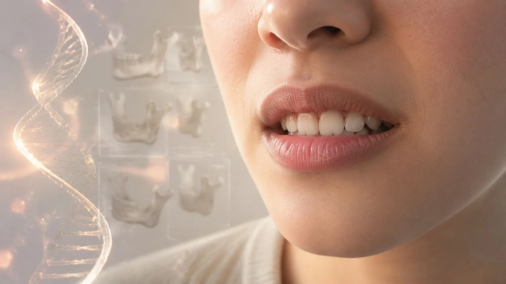 A close-up of a person's mouth with a digital DNA strand and jaw scan visualization overlay.