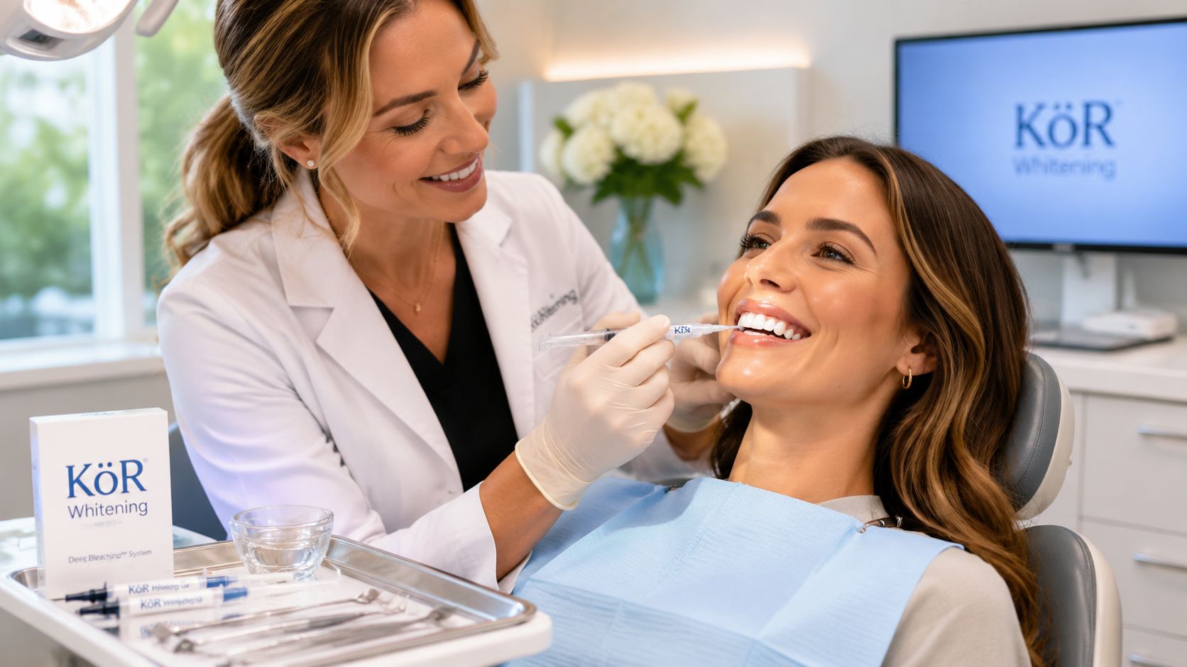A professional dentist applies KÖr whitening gel to a patient's teeth in a modern dental office setting.
