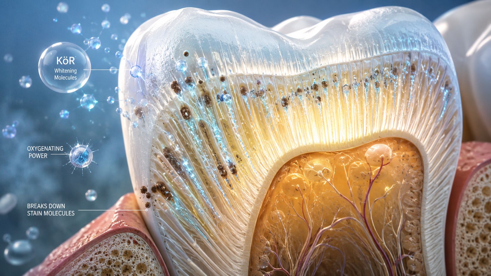 A detailed 3D cross-section illustration of a human tooth demonstrating how KöR whitening molecules break down stains.