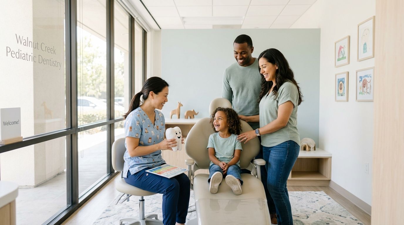 A friendly pediatric dentist showing a model tooth to a young girl seated in a dental chair.