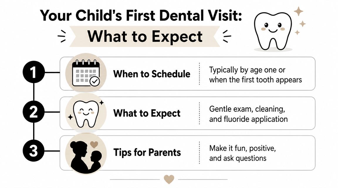 A guide illustrating the steps for a child's first dental visit, including scheduling, procedures, and parental tips.
