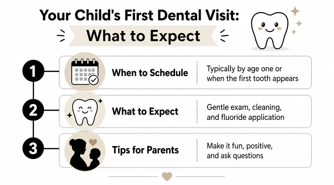A guide illustrating the steps for a child's first dental visit, including scheduling, procedures, and parental tips.