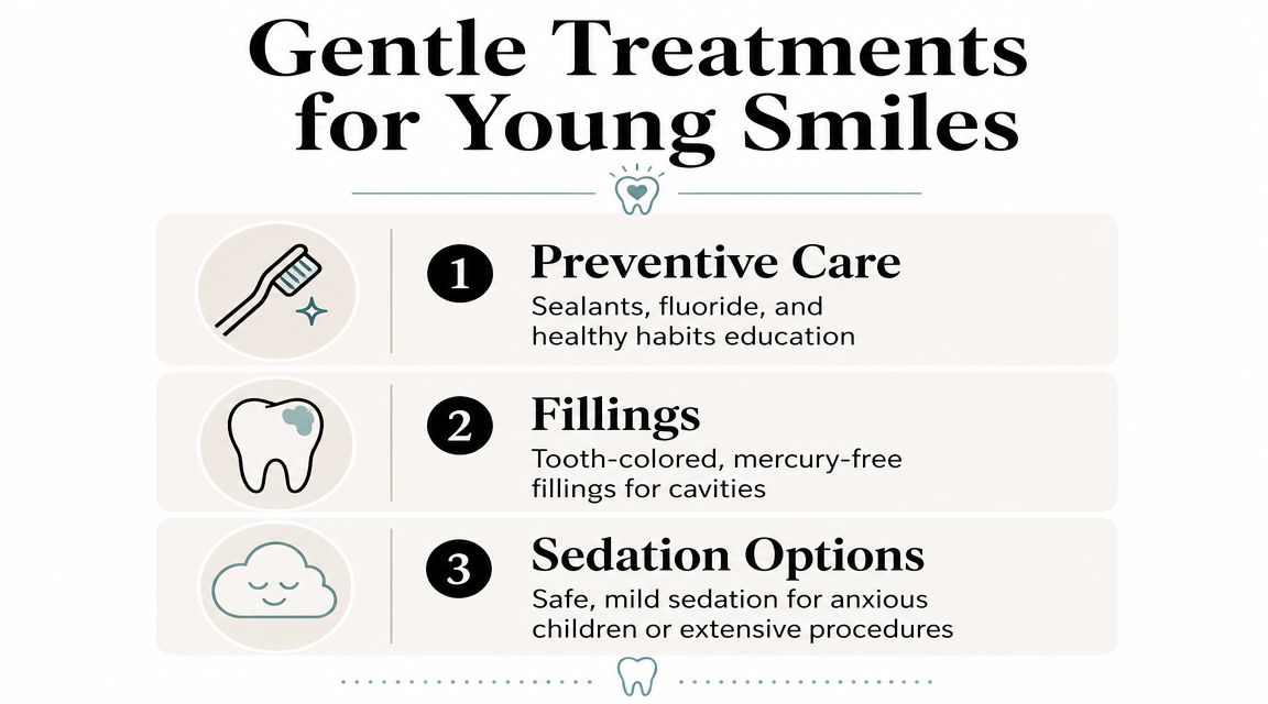 A graphic titled Gentle Treatments for Young Smiles, listing preventive care, fillings, and sedation options for children.