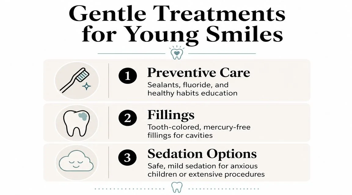 A graphic titled Gentle Treatments for Young Smiles, listing preventive care, fillings, and sedation options for children.