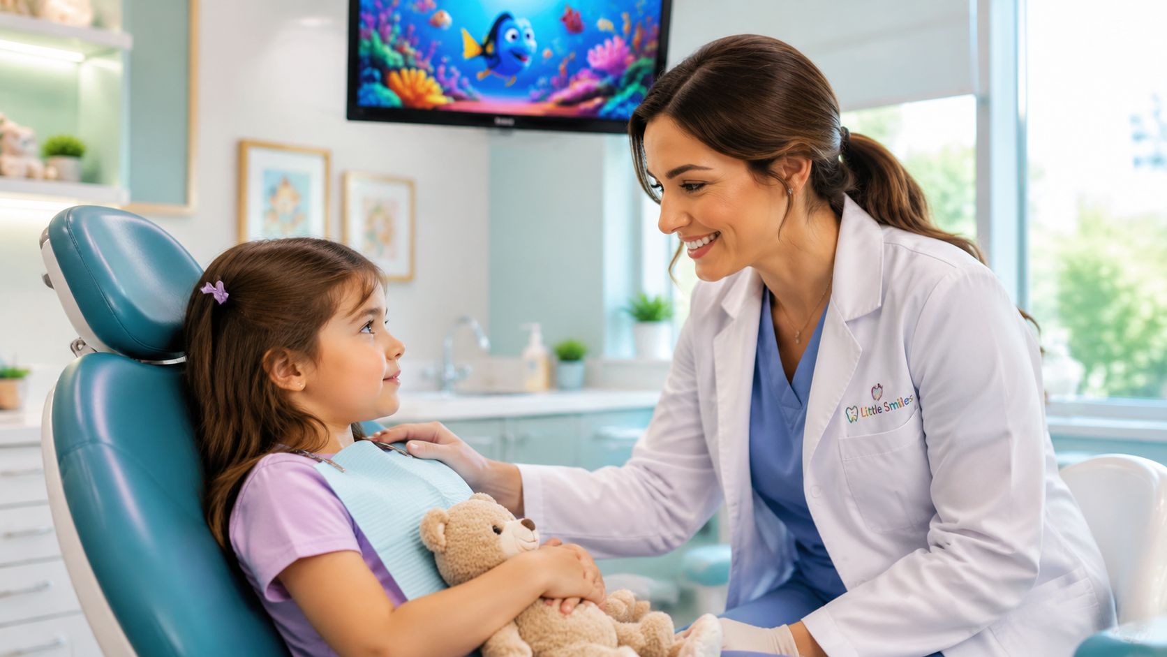 A friendly pediatric dentist smiling while comforting a young girl holding a teddy bear in her office.
