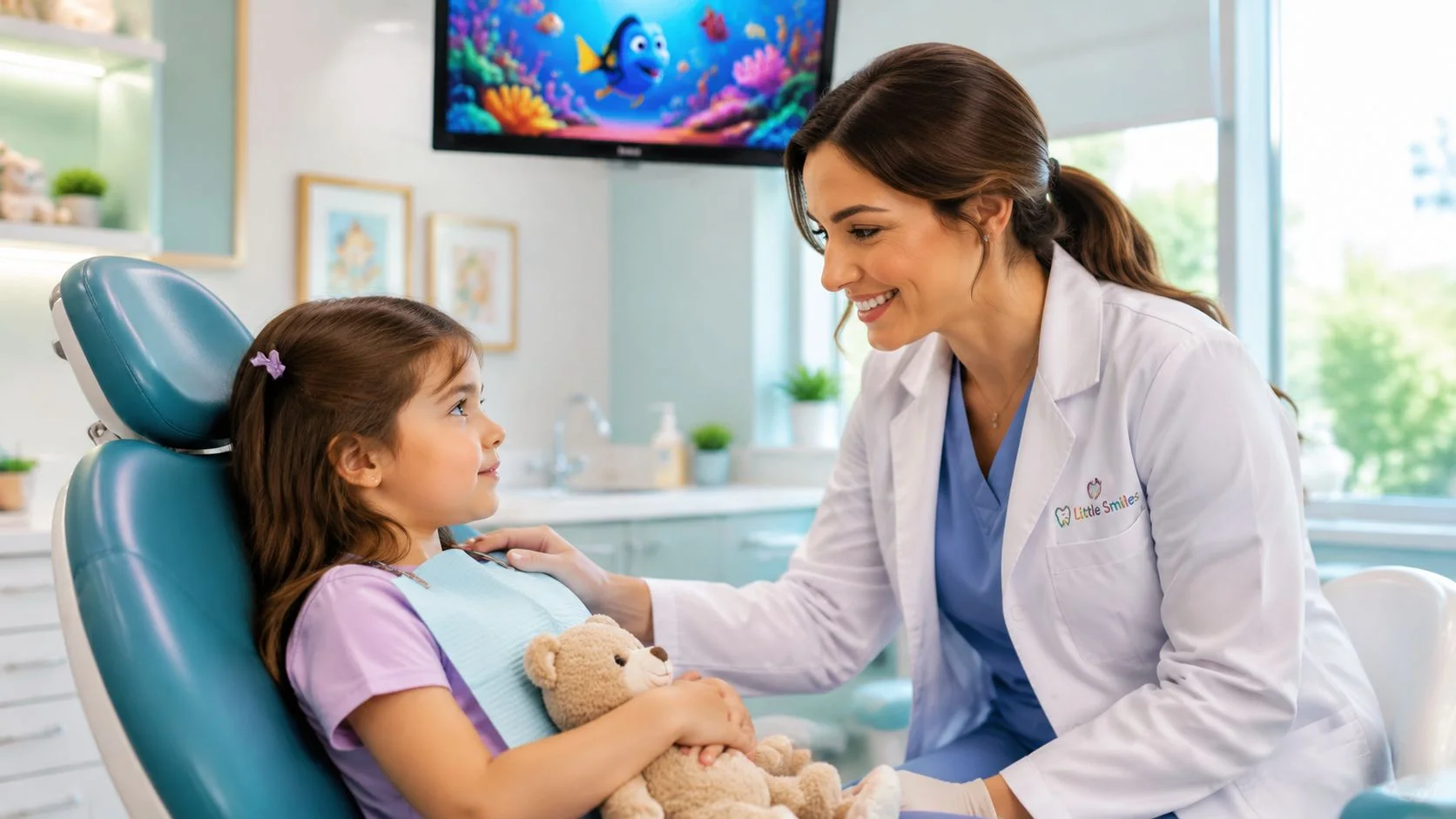 A friendly pediatric dentist smiling while comforting a young girl holding a teddy bear in her office.