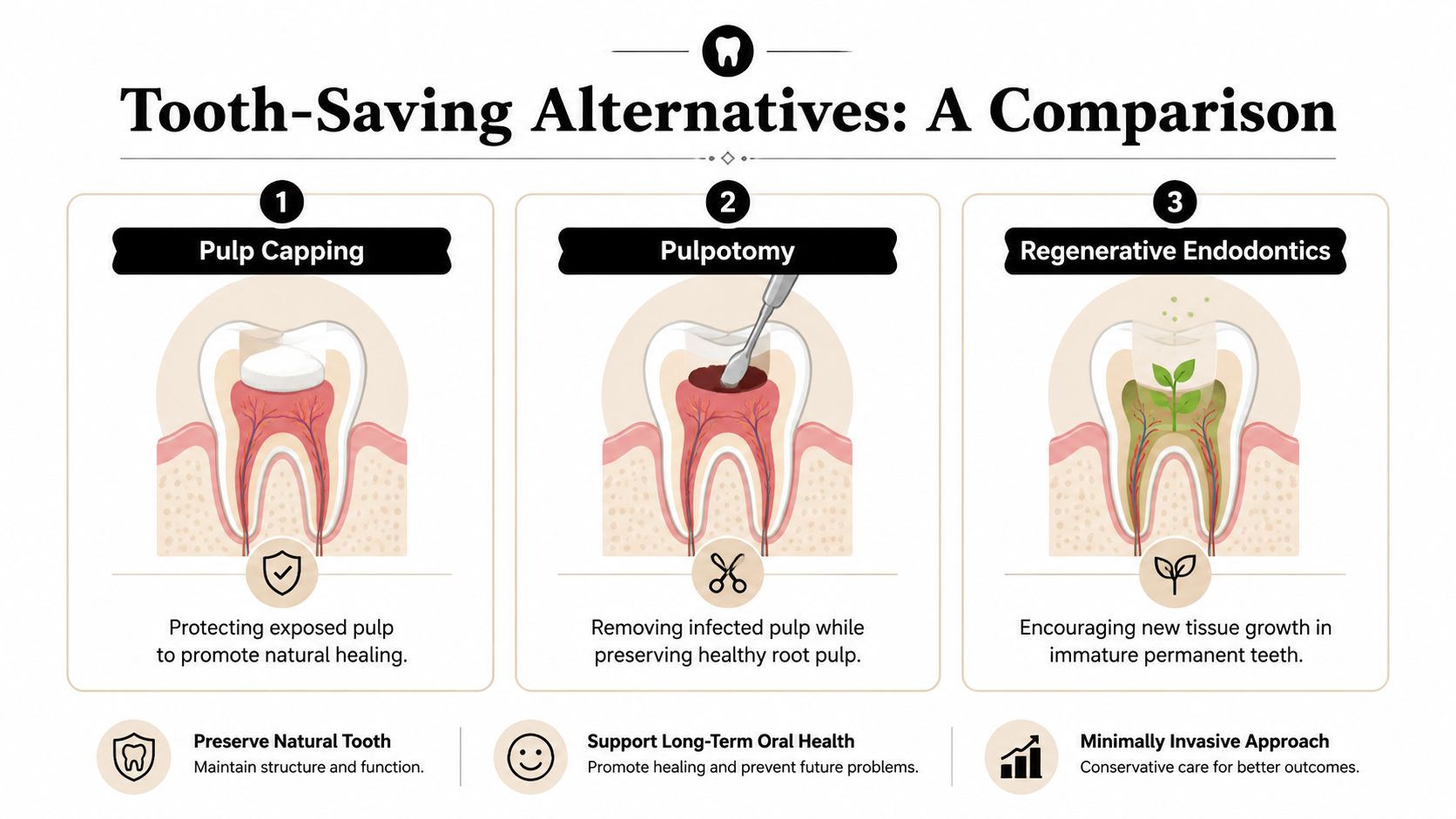 An infographic comparing three tooth-saving dental procedures: pulp capping, pulpotomy, and regenerative endodontics for saving teeth.