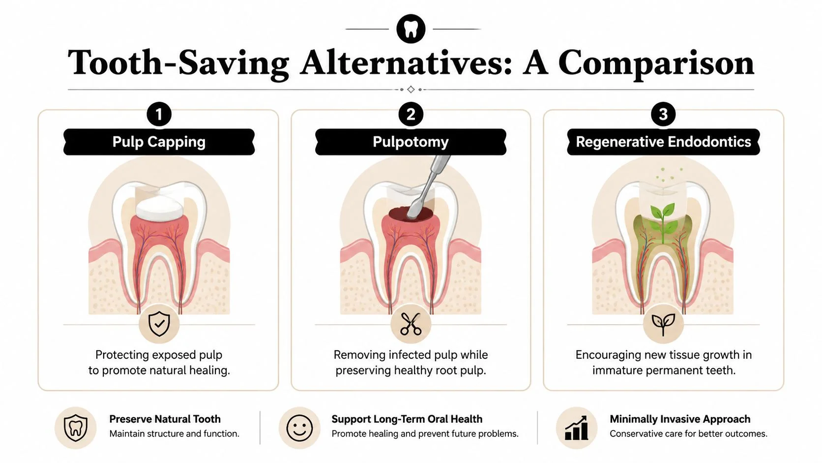An infographic comparing three tooth-saving dental procedures: pulp capping, pulpotomy, and regenerative endodontics for saving teeth.