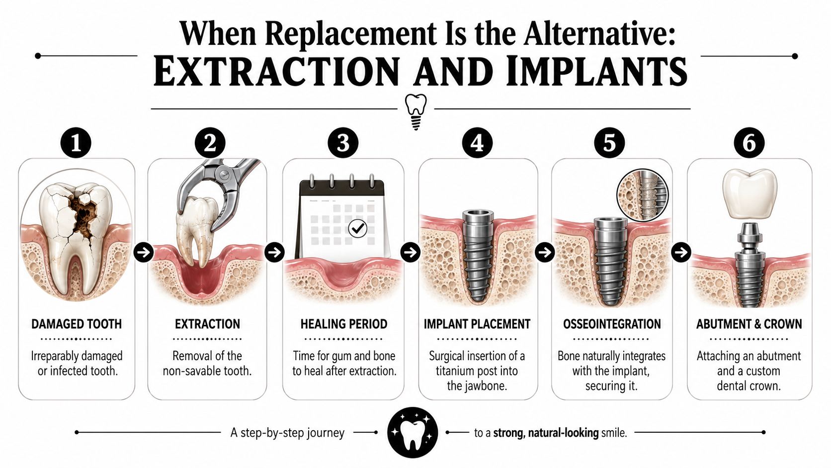 A six-step infographic illustrating the dental implant process from tooth extraction to final crown placement.