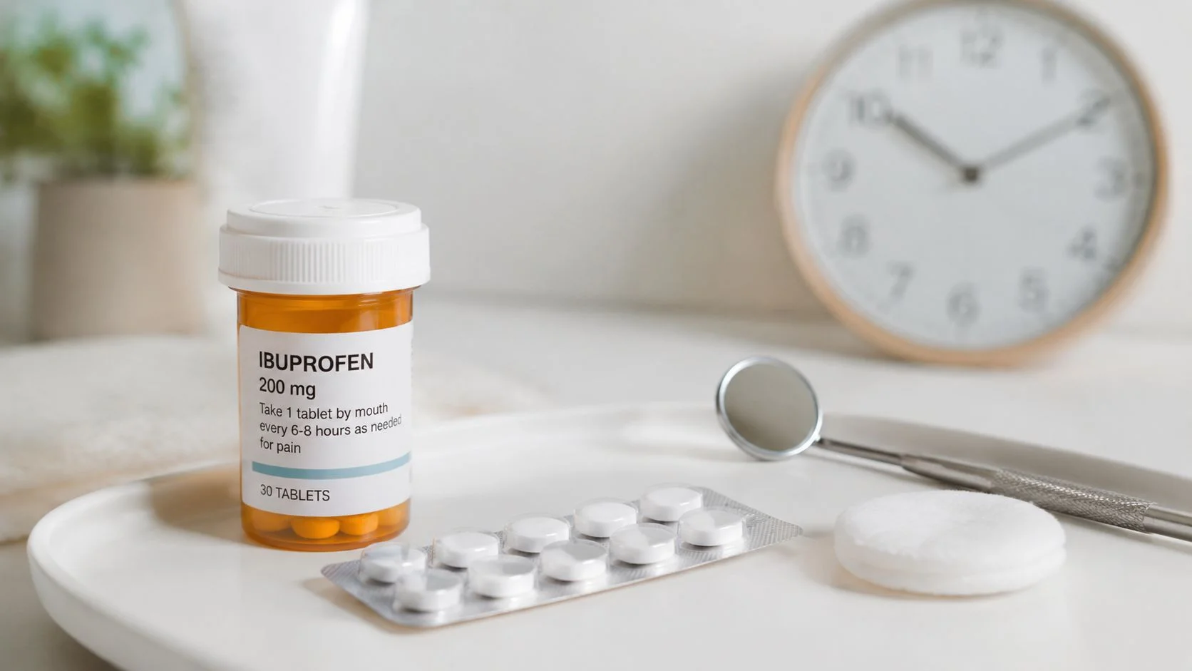 Ibuprofen bottle, blister pack of pills, and dental mirror on a tray for dental care recovery.
