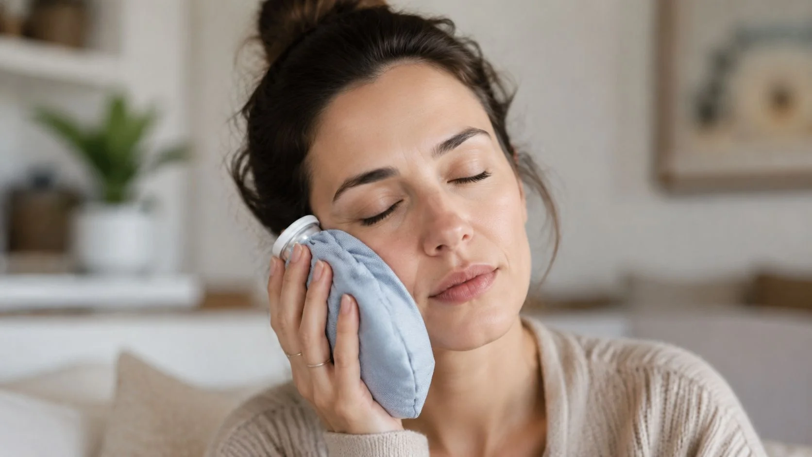 A young woman with her eyes closed holding an ice pack against her cheek for pain relief.