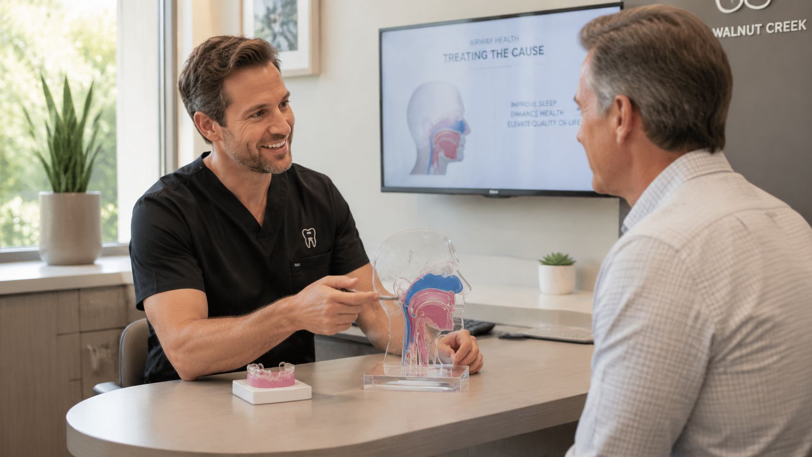 A professional dentist discussing sleep apnea treatment options with a patient using an anatomical skull model.