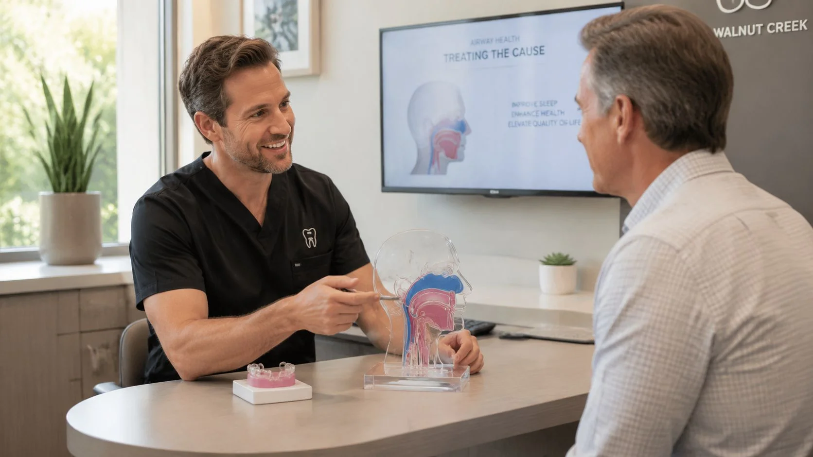 A professional dentist discussing sleep apnea treatment options with a patient using an anatomical skull model.