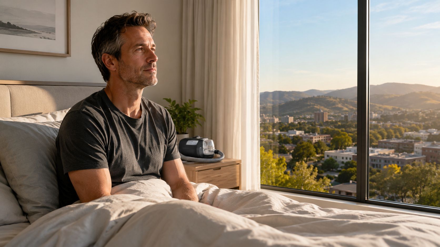 A middle-aged man sits in bed looking out a window with a CPAP machine on his nightstand.