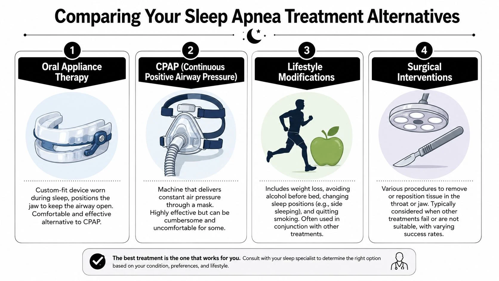 An infographic comparing four common sleep apnea treatment alternatives, including oral appliances, CPAP, lifestyle changes, and surgery.
