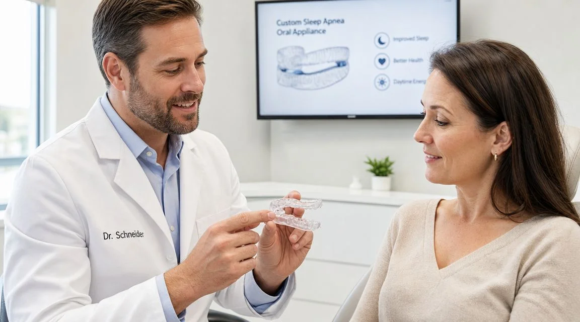 A male dentist explaining the benefits of a custom sleep apnea oral appliance to a female patient.