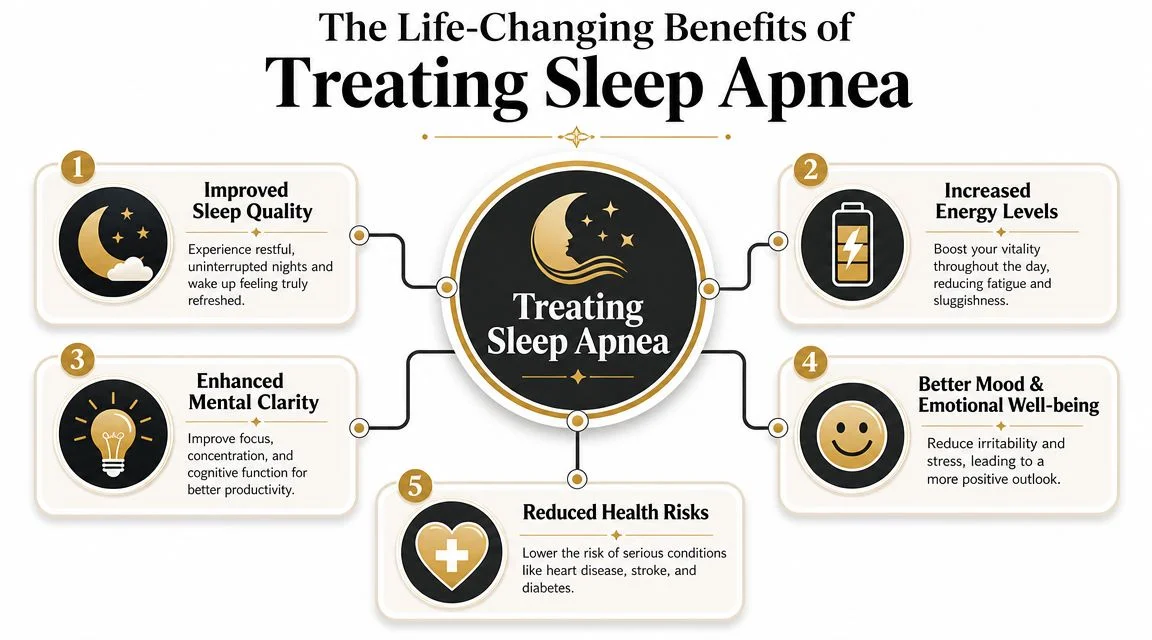An infographic detailing five key life-changing benefits of treating sleep apnea, presented with clear icons and text.