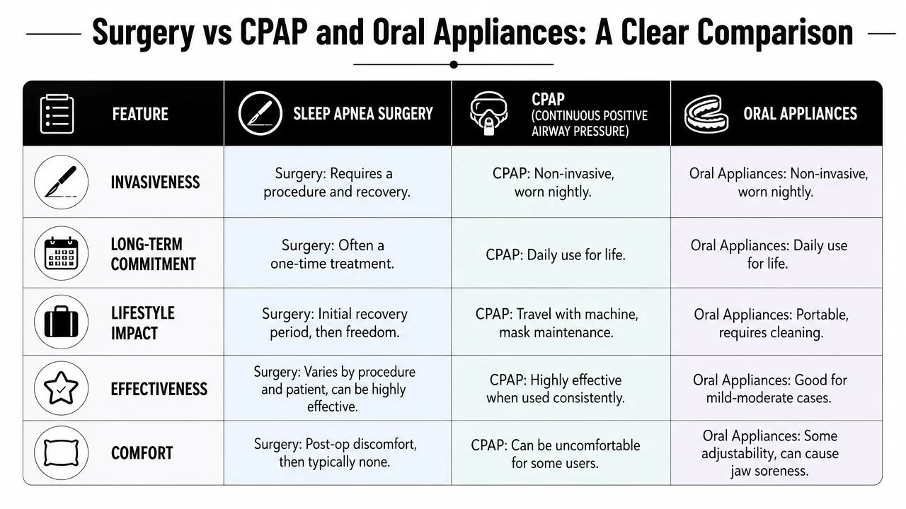 A comparison chart outlining the pros and cons of sleep apnea surgery, CPAP machines, and oral appliances.