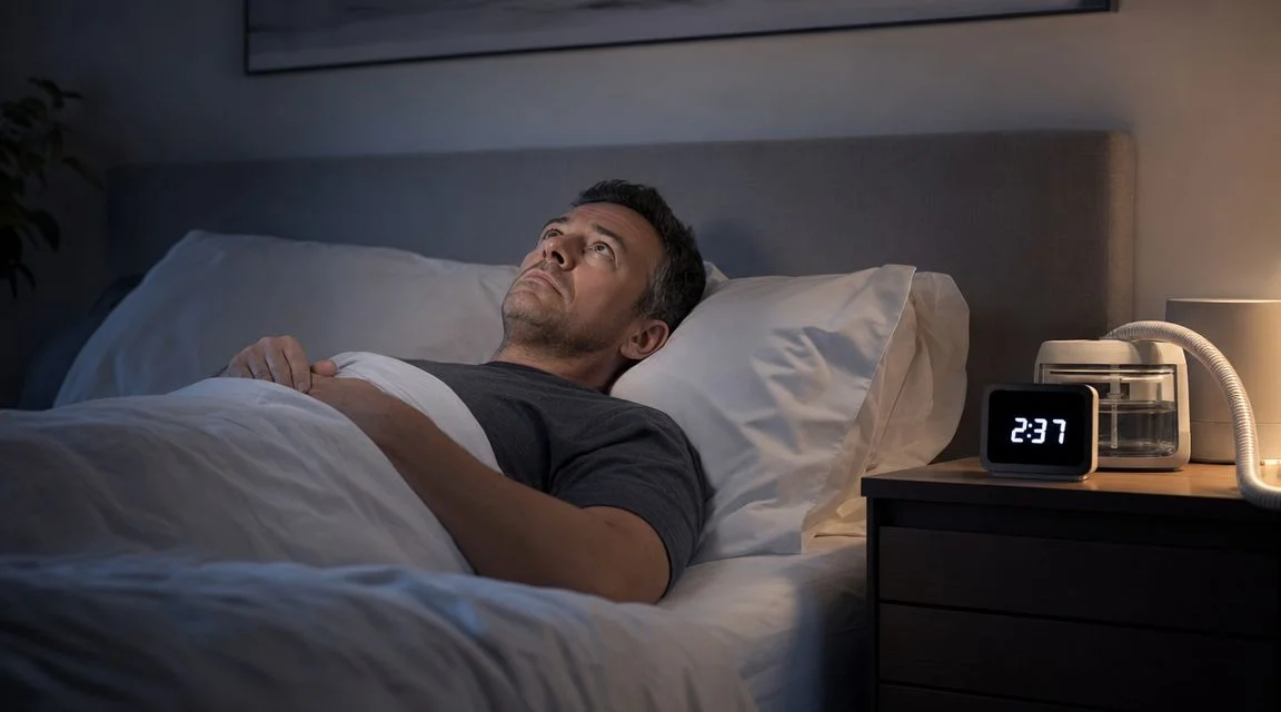 A middle-aged man lying awake in bed at night, struggling with sleep while using a CPAP machine.