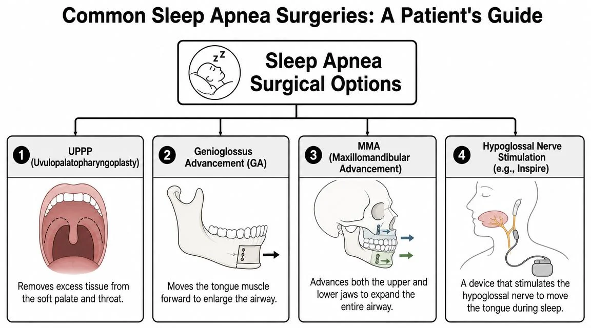 A diagram illustrating four common surgical options for treating sleep apnea, including UPPP, Genioglossus Advancement, MMA, and stimulation.