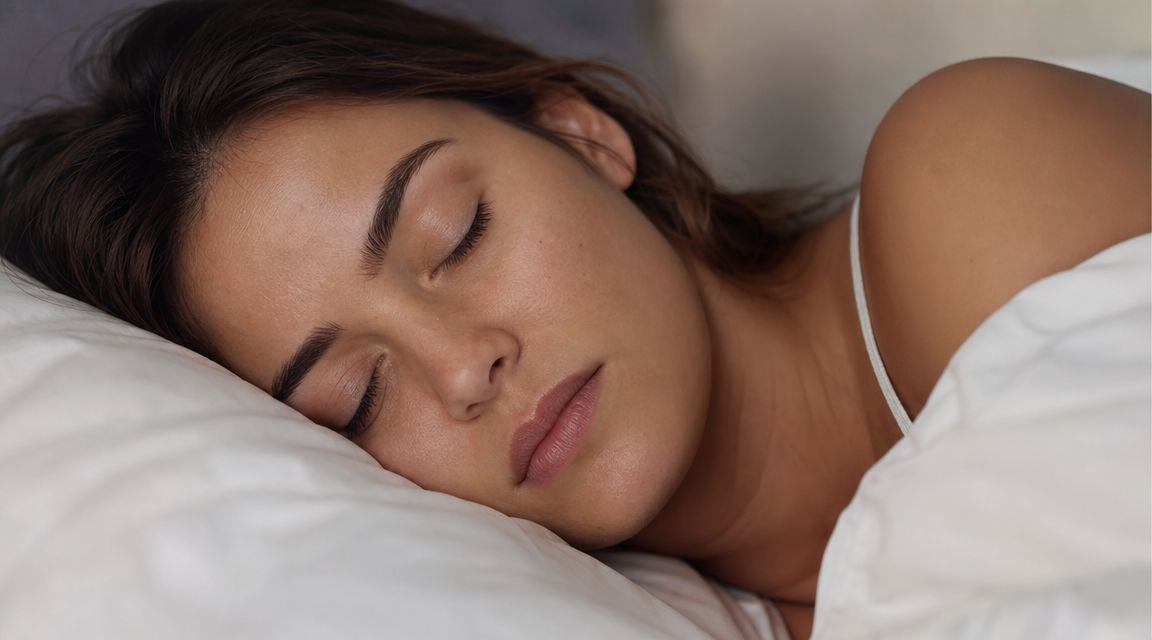 A young woman peacefully sleeping on a white pillow, emphasizing the importance of dental health during sleep.