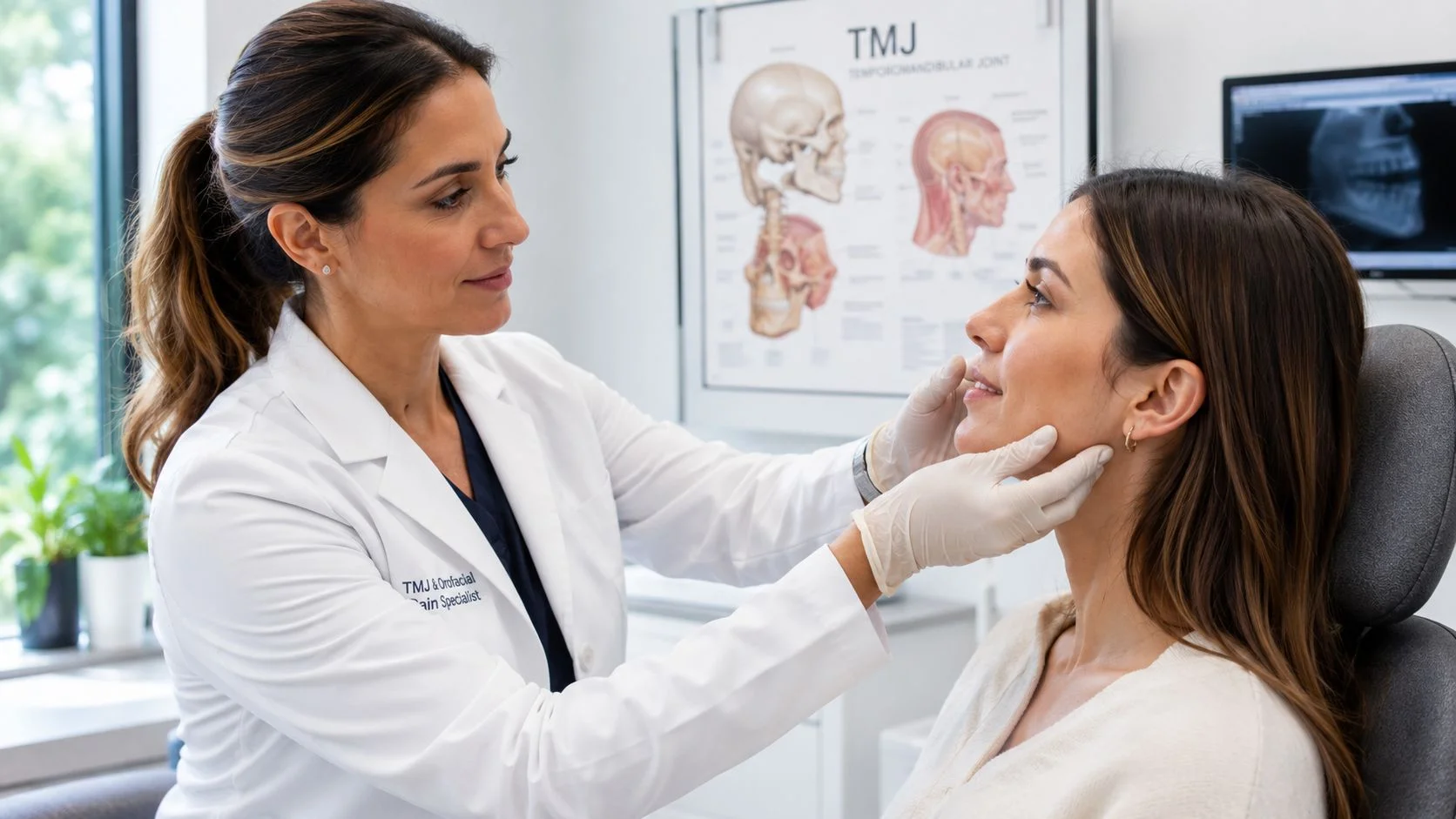 A TMJ specialist in a white lab coat examining a patient's jaw in a clinical office setting.