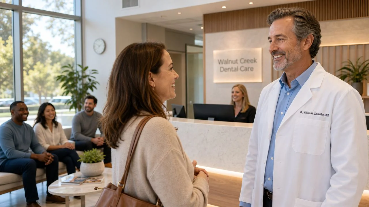 A friendly male dentist greets a patient in the modern lobby of Walnut Creek Dental Care clinic.