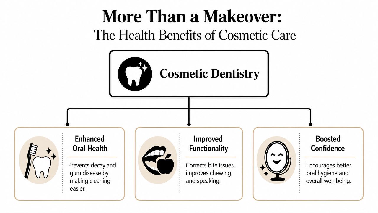 An infographic showing the health, functional, and confidence benefits provided by cosmetic dentistry for better oral well-being.
