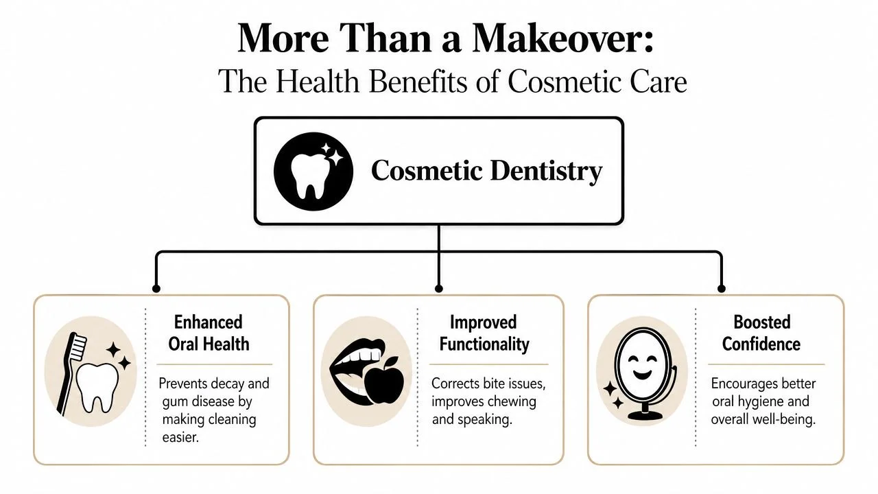 An infographic showing the health, functional, and confidence benefits provided by cosmetic dentistry for better oral well-being.