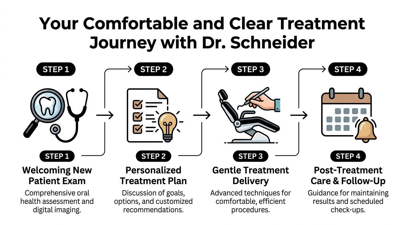 A four-step graphic illustrating the dental patient treatment journey with Dr. Schneider from exam to follow-up.
