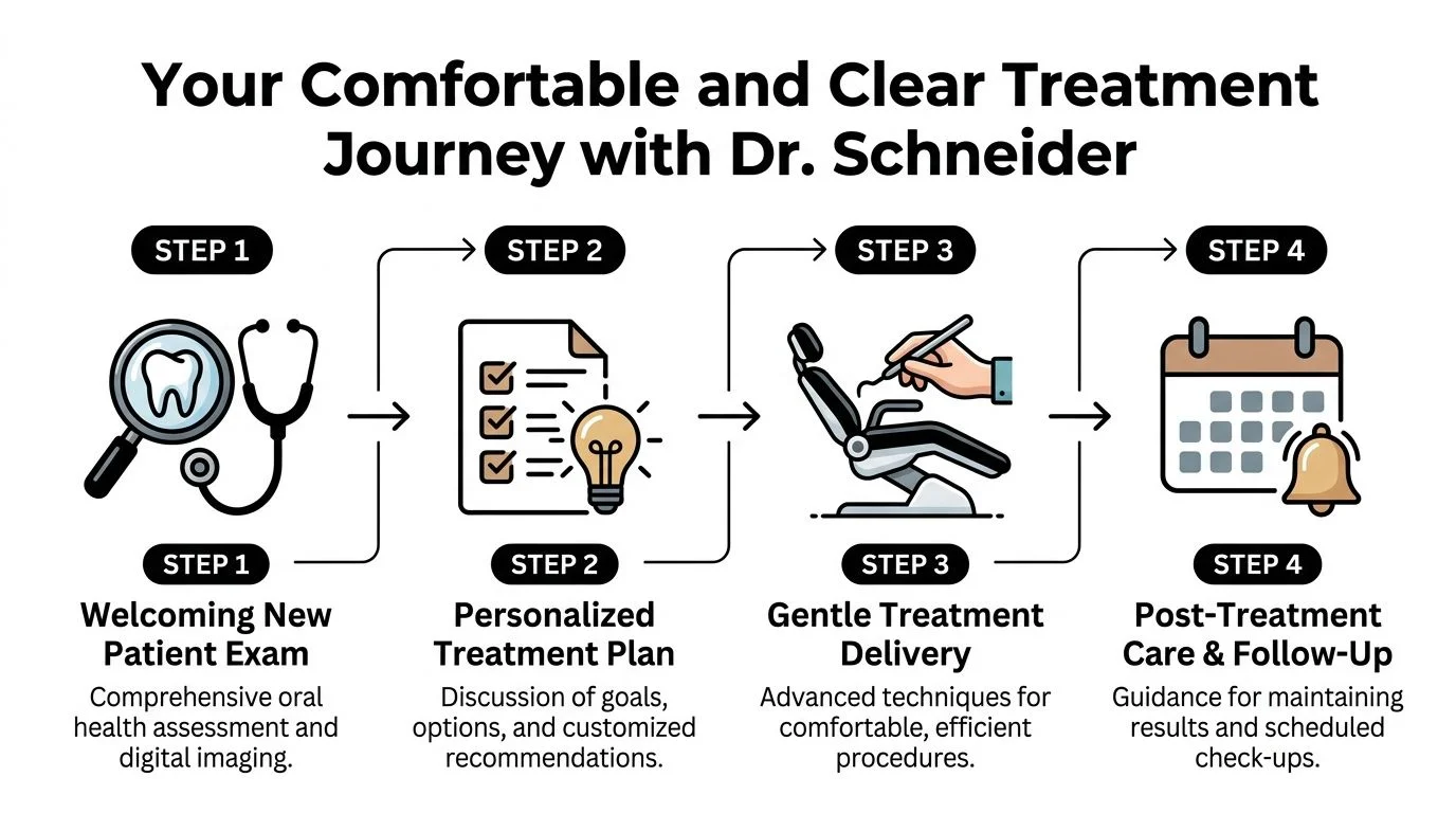 A four-step graphic illustrating the dental patient treatment journey with Dr. Schneider from exam to follow-up.